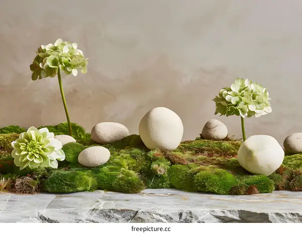 Green Hydrangea Flowers on Moss with White Stones