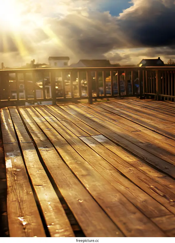 Wooden Deck With Sun Rays Shining Through Clouds