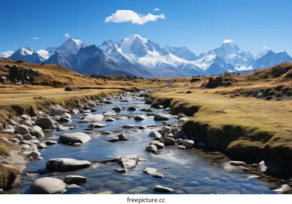 Mountain River Landscape with Snowcapped Peaks and Rapids