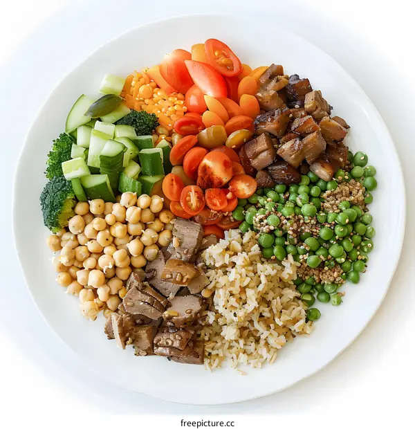 Colorful and Healthy Vegetarian Bowl with Brown Rice, Chickpeas, and Tofu