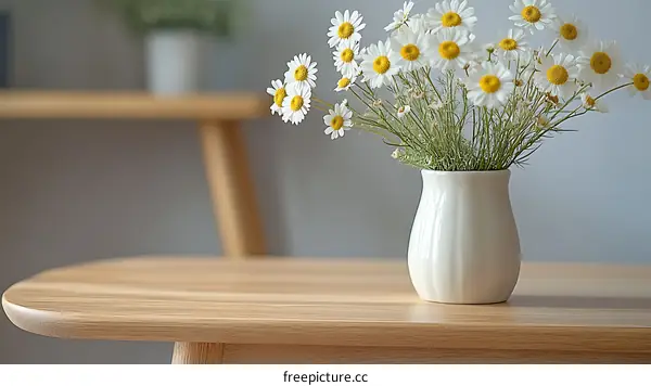 White Daisies in a Vase on Wooden Table