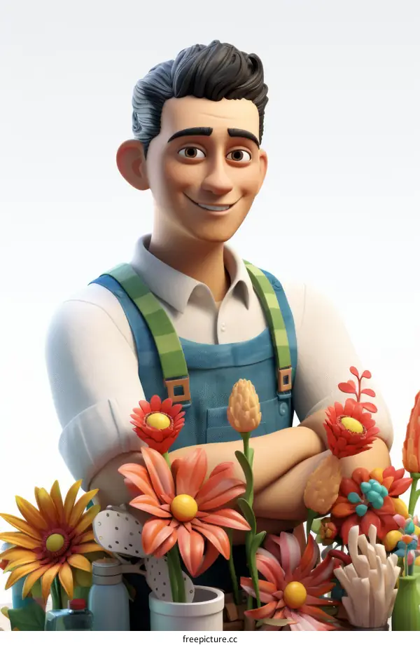 Happy male gardener with flowers