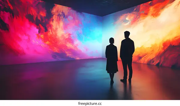 Couple Silhouettes Viewing Colorful Abstract Art In Gallery