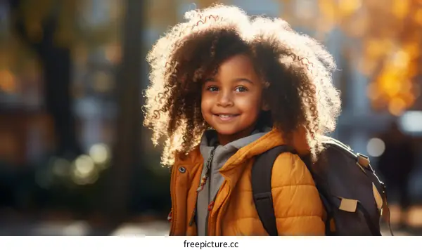 Portrait of a smiling young girl with curly hair wearing a yellow jacket and backpack