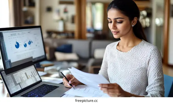 Indian woman working on documents at home office