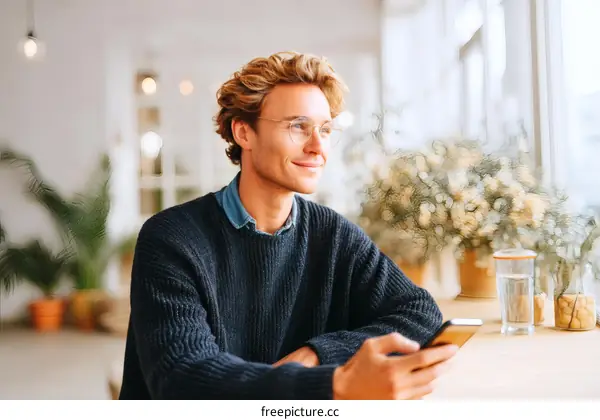 Young Man Relaxing and Using Smartphone in Modern Cafe