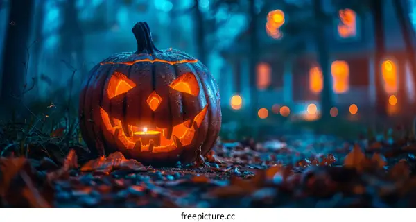 Spooky Halloween Pumpkin in a Dark Forest
