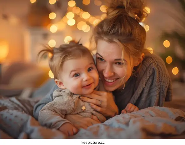 Mother and baby are lying on the bed and smiling