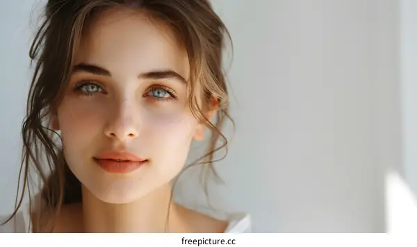 Close Up Portrait Of Young Woman With Blue Eyes And Freckles