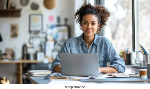 African American Woman Working on Laptop in Creative Workspace