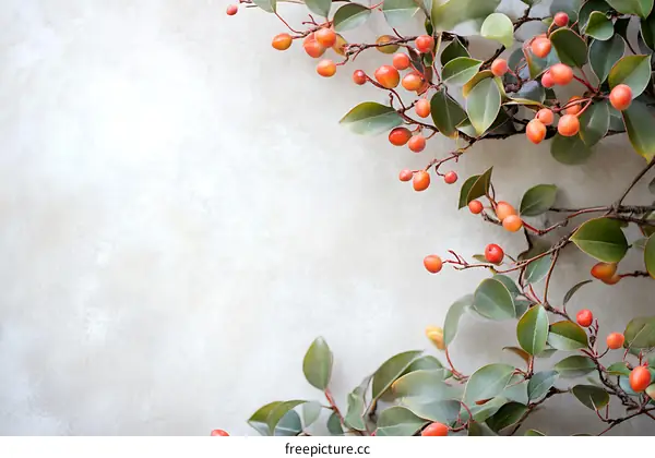 Red Berries and Green Leaves on a Light Background