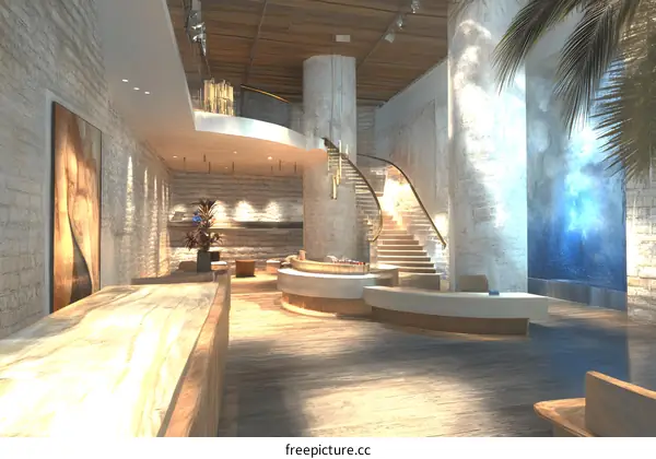 Modern Interior Design with Stone Walls and a Curved Staircase