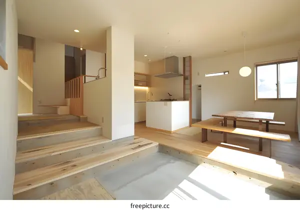 Modern Minimalist Kitchen and Dining Room Interior Design with Wooden Flooring