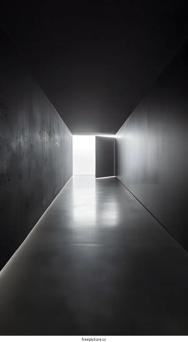 Minimalist Concrete Corridor With Open Door Leading To Light