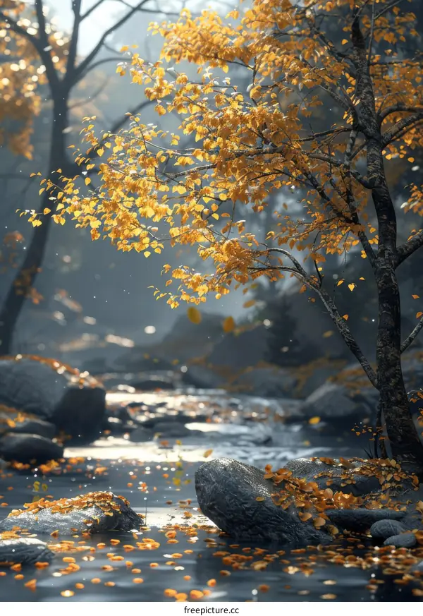 Autumn's Golden Embrace on a Serene Stream