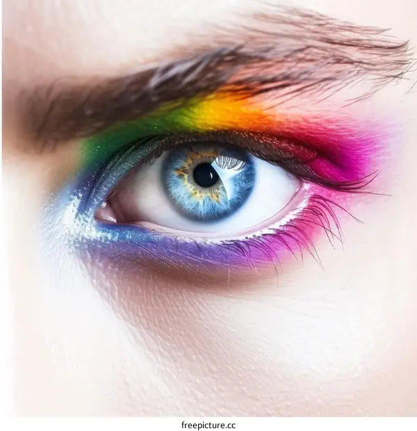 A close-up image of a woman's eye with bright and colorful eyeshadow.