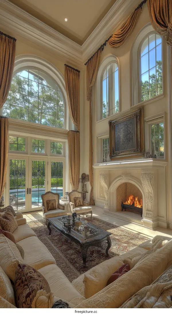Luxury Living Room with High Ceilings and Large Windows