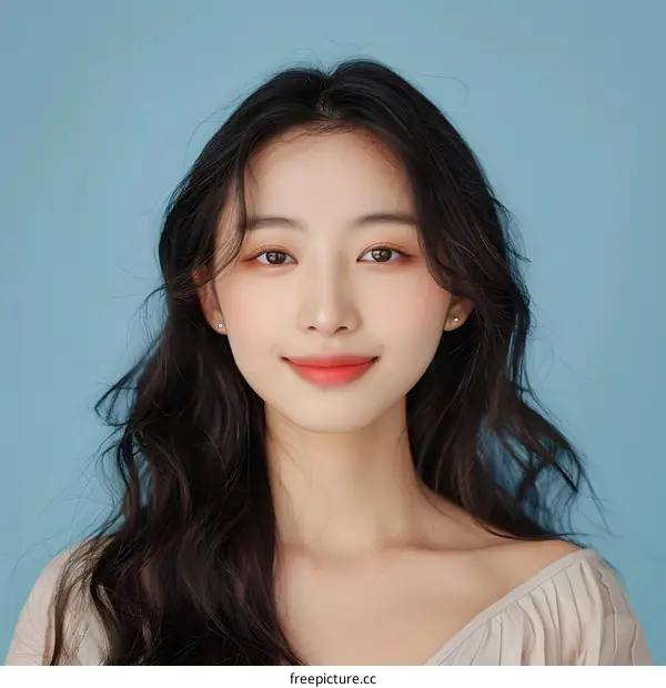 Portrait of a Young Asian Woman with Long Black Hair Smiling at the Camera