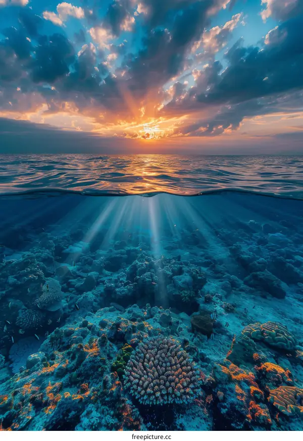 Amazing Colorful Underwater Coral Reef and Sunset