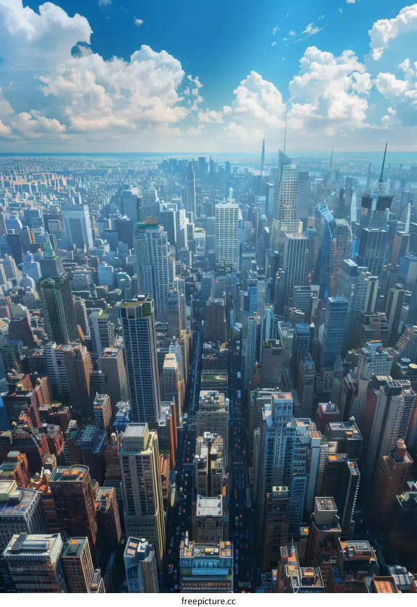 Manhattan Skyline with Clouds and Blue Sky