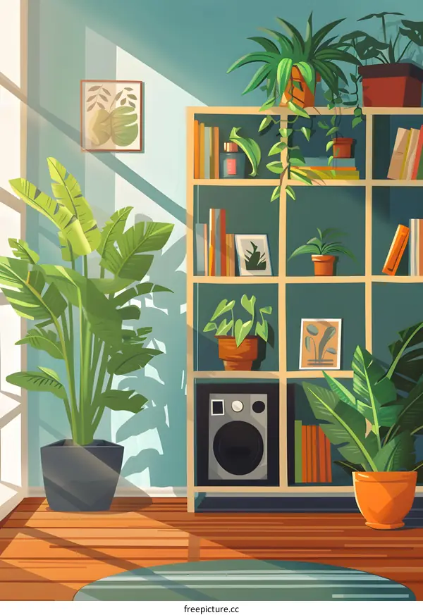 Sunlit Living Room with Plants and Bookshelf