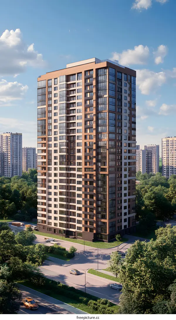 Modern Apartment Building with Brick Facade and Glass Windows