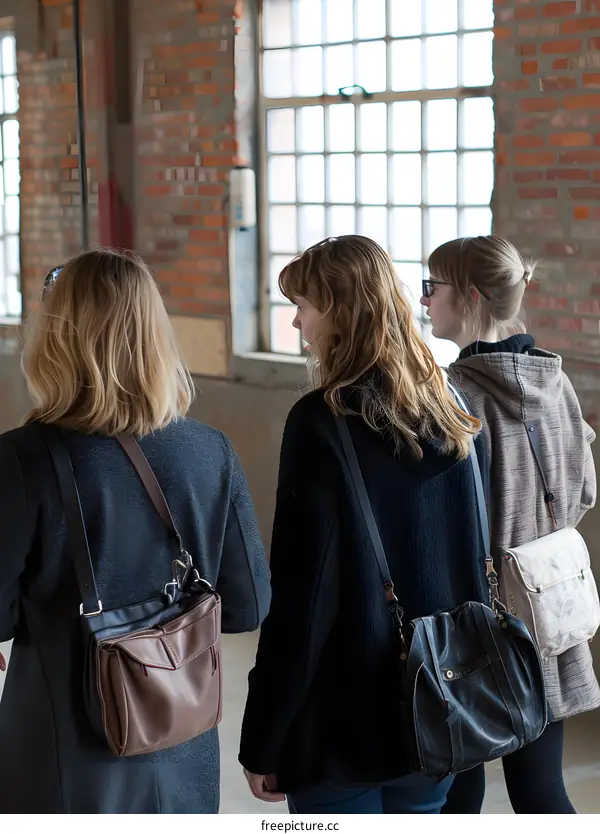 Three Young Women Walking in a Brick Building with Large Windows