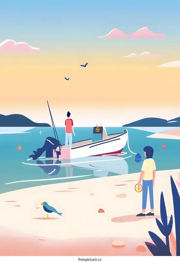 Two People on a Boat and Beach