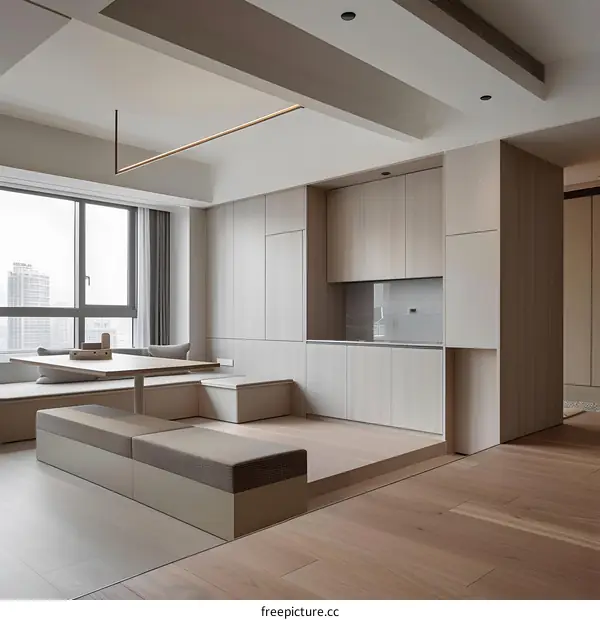 Minimalist Modern Kitchen and Dining Room with Wooden Cabinets and Bench Seating