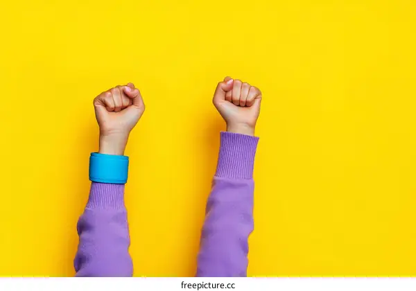 Two Hands Raised in Protest  Purple Sweaters Yellow Background