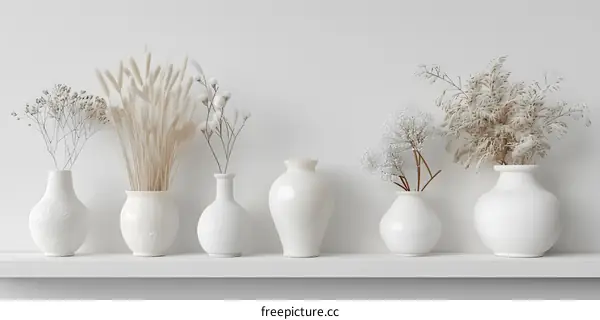 White Vases with Dried Flowers on a Shelf