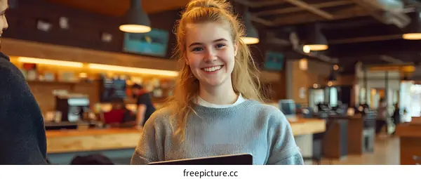 Smiling Woman Holding Tablet In Cafe
