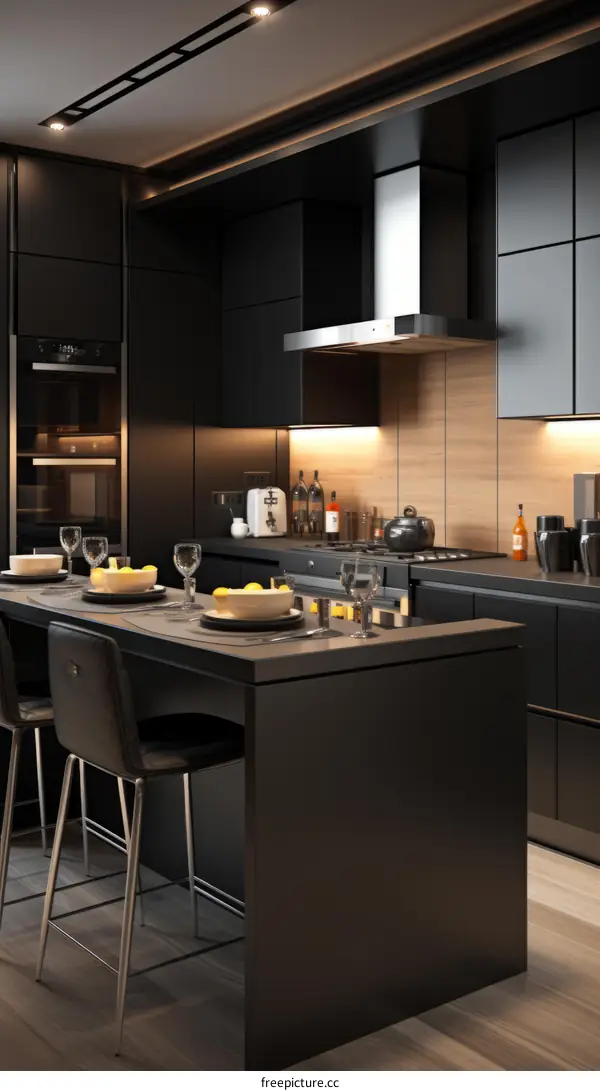Black kitchen island with wood accent wall and stainless steel appliances