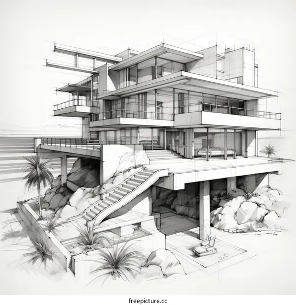 Modern house exterior design with large terrace and sea view