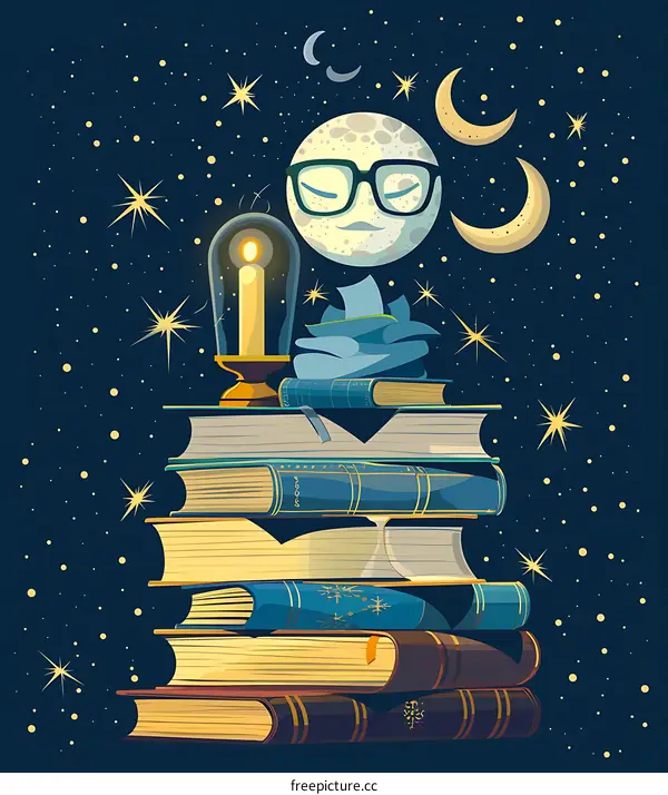 Stack of Books with Moon and Candle Illustration
