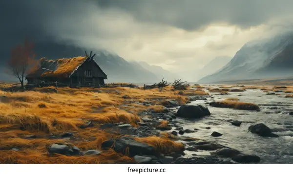 Thatched roof house in valley with river and mountains in background