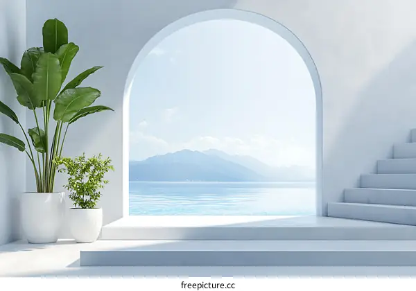 Minimalist White Archway with View of Sea and Mountains
