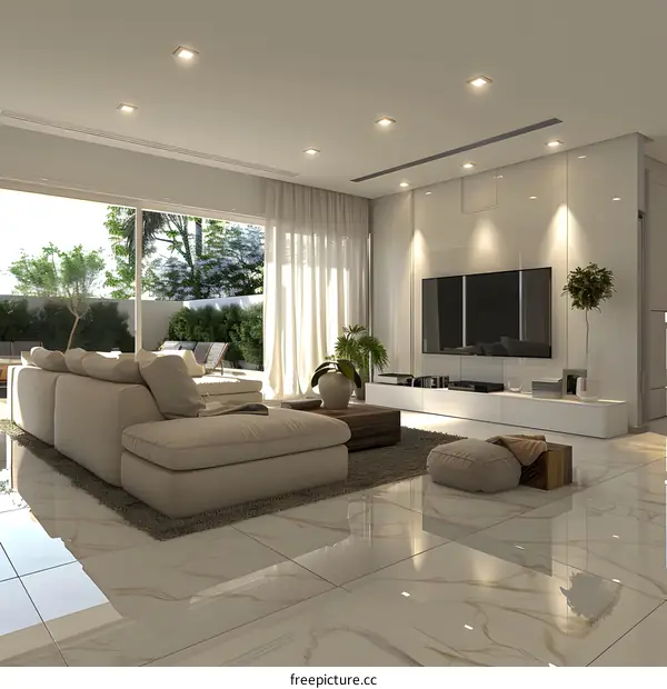 Bright modern living room interior design with white sofa and green plants