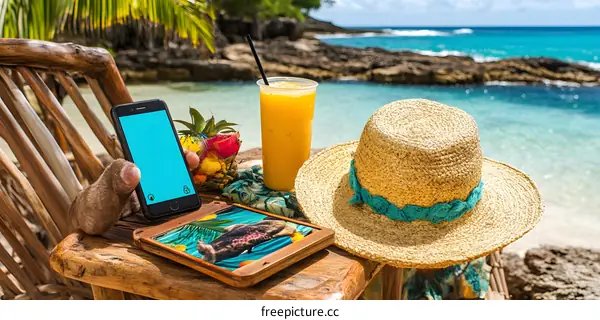 Tropical Beach Relaxation with Phone and Juice