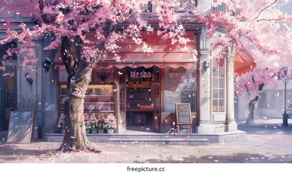 A beautiful street with a pink tree in front of a shop