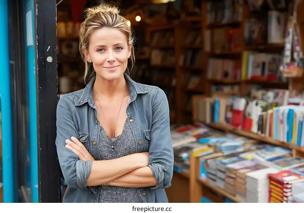 Confident Woman Entrepreneur in a Bookstore