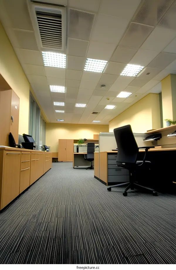 Modern Office Interior with Carpeting and Desk