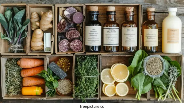 An assortment of fresh organic vegetables and herbs