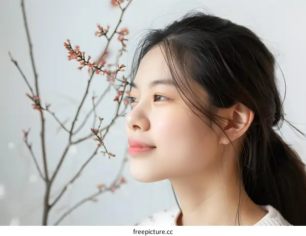 Portrait of Asian Woman with Flower Branches