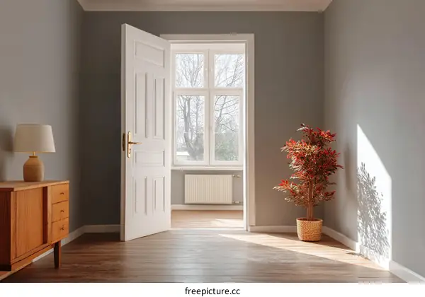 Empty Room with Open Door and Sunlight