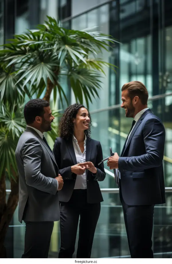 Three business people having a conversation in an office atrium