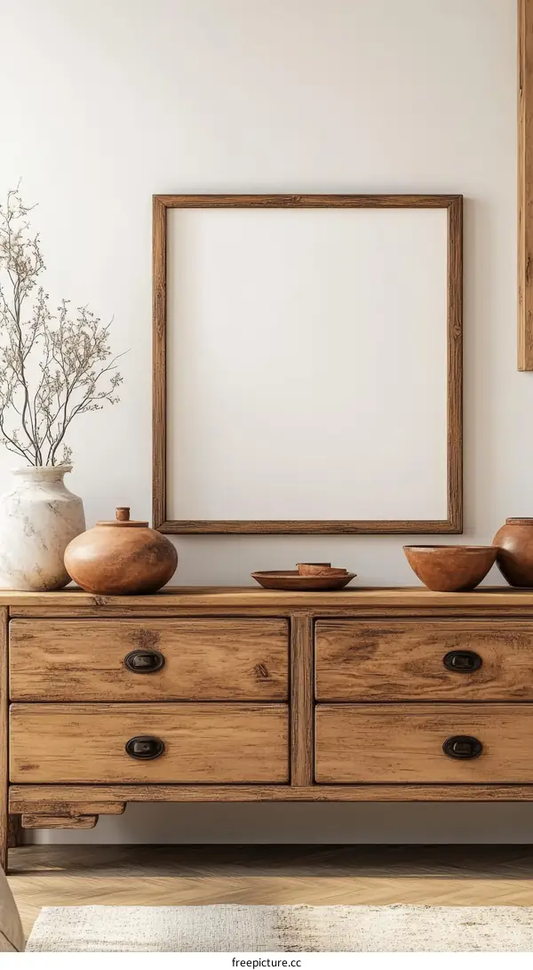Empty Frame on Wooden Furniture in a Cozy Home Decor