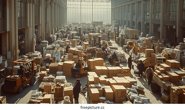 A large warehouse with many boxes and people working