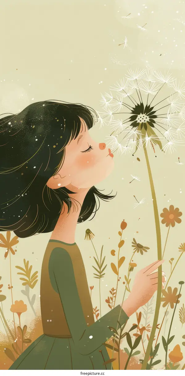 Little Girl Blowing Dandelion Seeds in a Field of Flowers