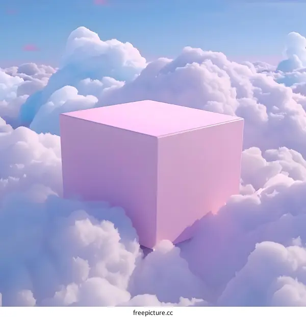 Pink Cube Floating In Clouds